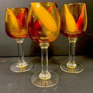 Hand Blown Fused Glass Wine Glasses Amber Chalice Clear Stem Thick Wall …